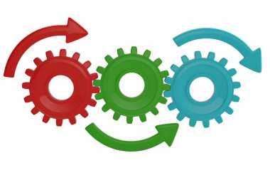 Dişli ve iş akışı kavram olarak oklar. 3D çizim.