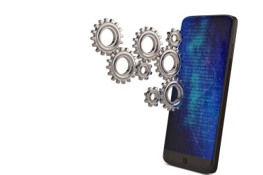 Akıllı telefon ve vites beyaz arka plan üzerinde. 3D çizim.
