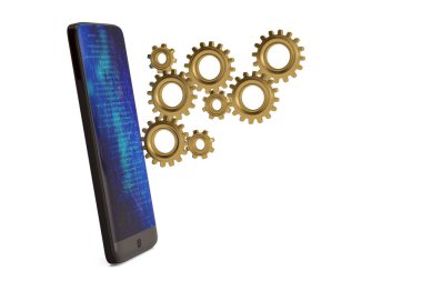 Akıllı telefon ve vites beyaz arka plan üzerinde. 3D çizim.