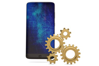 Akıllı telefon ve vites beyaz arka plan üzerinde. 3D çizim.