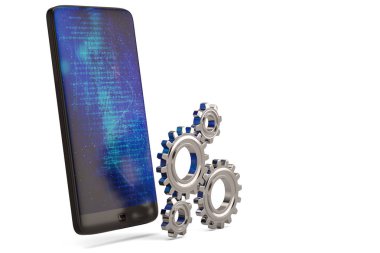 Akıllı telefon ve vites beyaz arka plan üzerinde. 3D çizim.