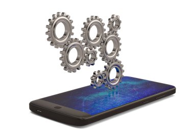 Akıllı telefon ve vites beyaz arka plan üzerinde. 3D çizim.