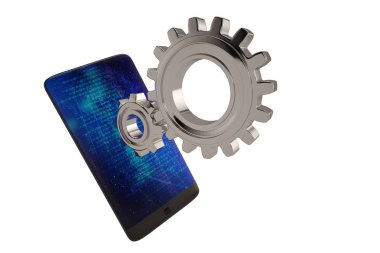 Akıllı telefon ve vites beyaz arka plan üzerinde. 3D çizim.