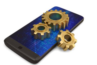 Akıllı telefon ve vites beyaz arka plan üzerinde. 3D çizim.