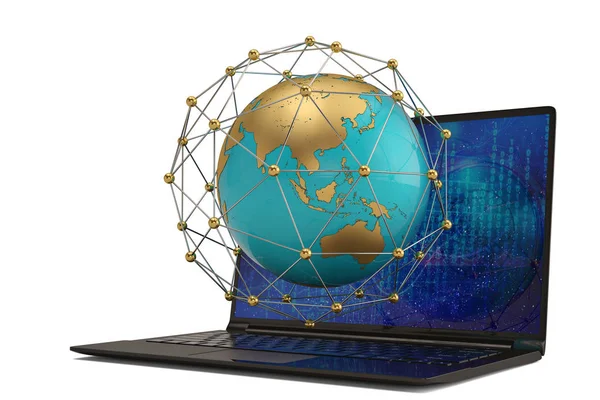 Globus und Laptop auf weißem Hintergrund. 3D-Illustration. — Stockfoto
