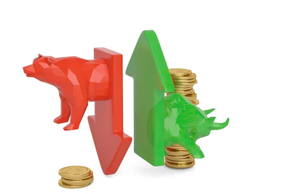 Negociação de ações urso corporativo e touro com seta. Ilustração 3D — Fotografia de Stock