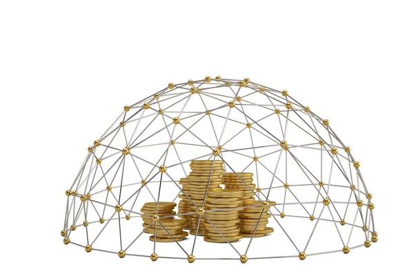 Monedas de oro y las moléculas en el círculo alrededor de compositi — Foto de Stock