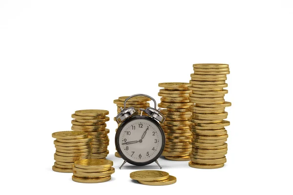 Altın para yığınları ve çalar saat beyaz arka plan üzerinde. 3D illustr — Stok fotoğraf