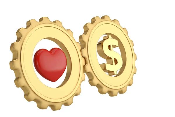 Symbool van het hart en dollar in goud versnellingen. 3D illustratie. — Stockfoto