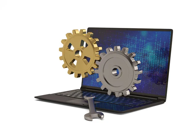 Laptop och gears på vit bakgrund. 3D illustration. — Stockfoto