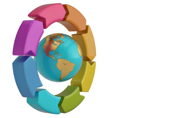 Färgglada cirkel pilar med världen världen på vit bakgrund. 3D — Stockfoto