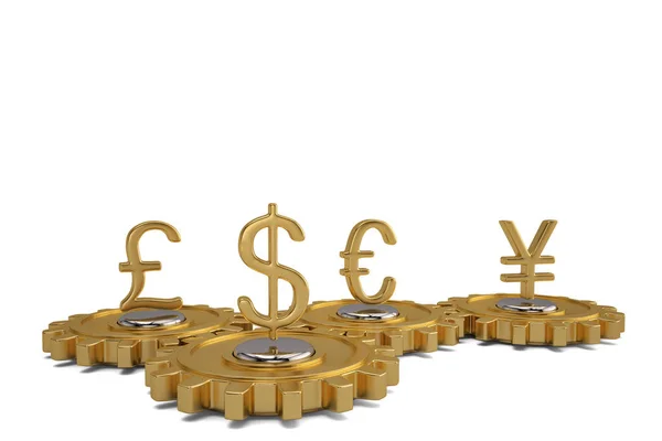Ingranaggio con valuta globale su sfondo bianco. Illustrazione 3D . — Foto Stock