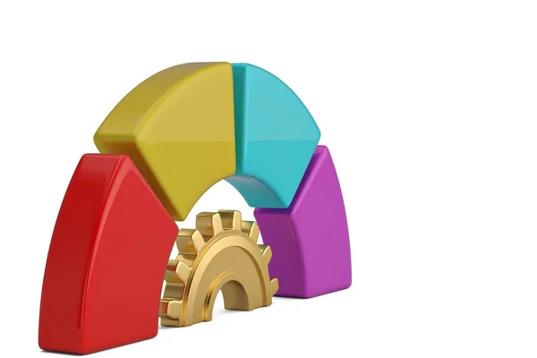 Colore cerchio grafico intorno ingranaggio d'oro. Illustrazione 3D . — Foto Stock