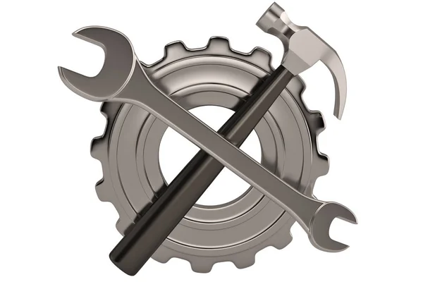 Equipo de acero y llave inglesa y martillo sobre fondo blanco. Ilustre 3D — Foto de Stock