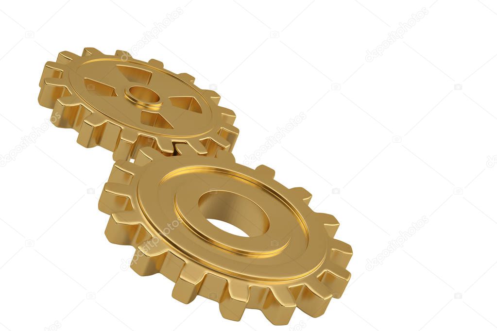 Gold gears on white background. 3D illustration.