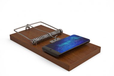 Tuzak ve beyaz background.3d illüstrasyon akıllı telefon.