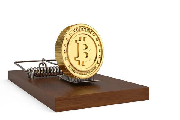 Mousetrap with bitcoin on white background 3D illustration. — Stock Photo, Image
