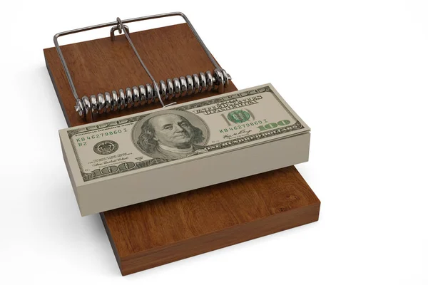 Armadilha de dinheiro e dólares na ratoeira. Ilustração 3D . — Fotografia de Stock