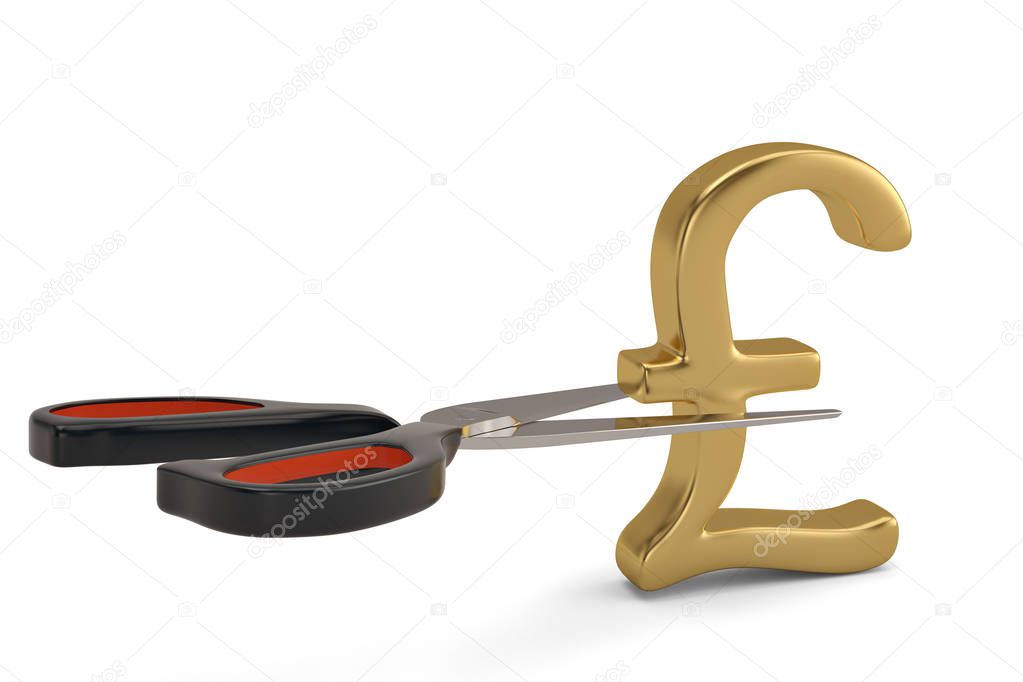 Scissors and gold money sign on white background 3D illustration