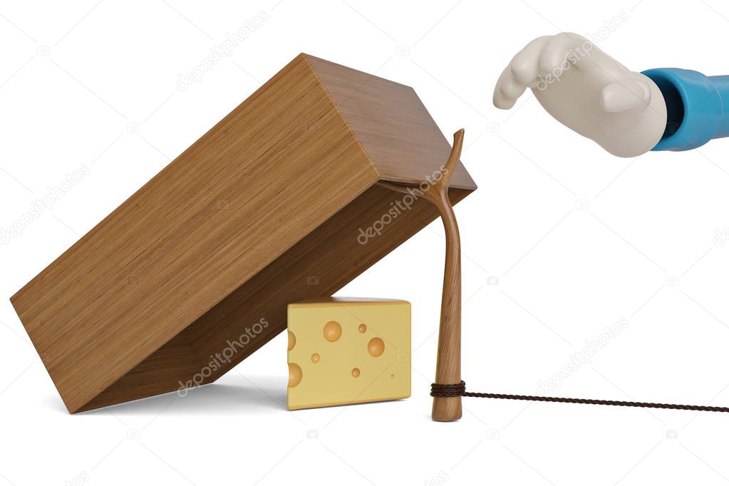 Cheese with wooden box trap isolated on white background 3D illu