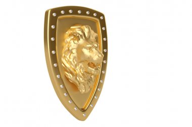 Düşük Poli tarzı Altın Aslan başı ile kalkan. 3D çizim.