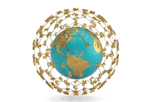 Globo y el símbolo del dinero en el círculo de composición redonda. 3D i — Foto de Stock