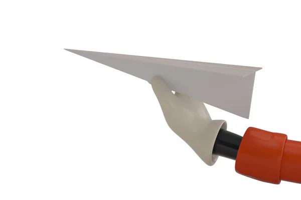 动画片手拿着纸飞机在白色背景. 3 d 伊路斯特拉 — 图库照片