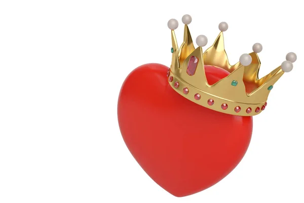 Червоне серце з золотою короною на білому тлі.3D ілюстрація . — стокове фото