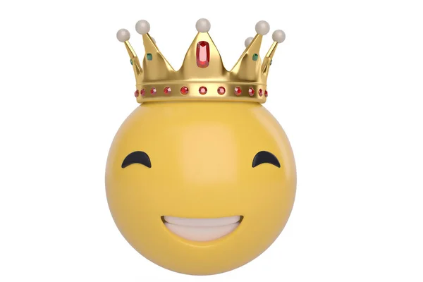 Emoticono de gran sonrisa con corona dorada sobre fondo blanco.3D illu —  Fotos de Stock