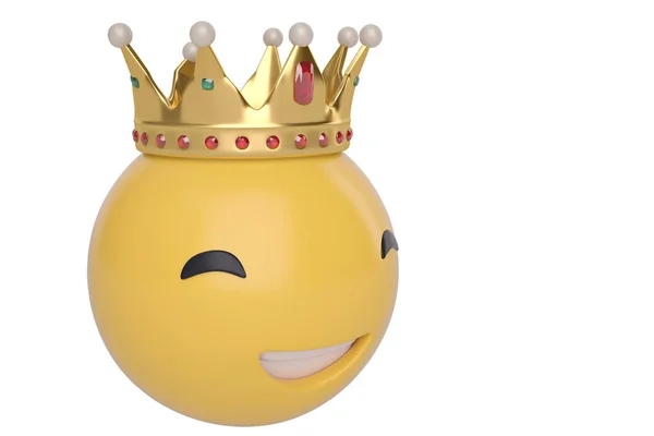 Великий смайлик посмішки з золотою короною на білому тлі.3D illu — стокове фото