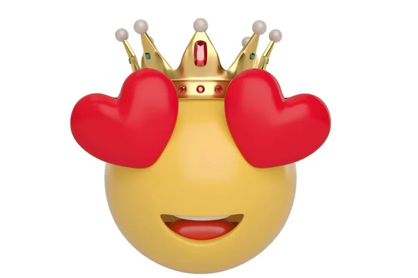 Emoticono enamorado con corona dorada sobre fondo blanco. Ilustración 3D —  Fotos de Stock