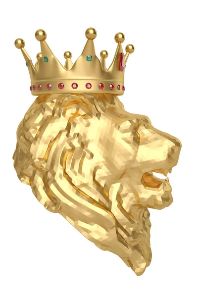 Cabeza de león dorado de estilo polivinílico bajo con corona. Ilustración 3D . —  Fotos de Stock