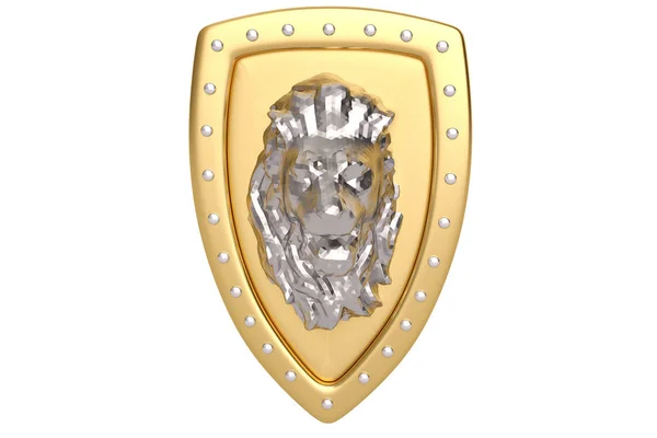 Низький полістирол сталевий лев з золотим щитом. 3D ілюстрації — стокове фото