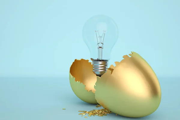 Light bulb with break gold egg on white background. 3D illustrat