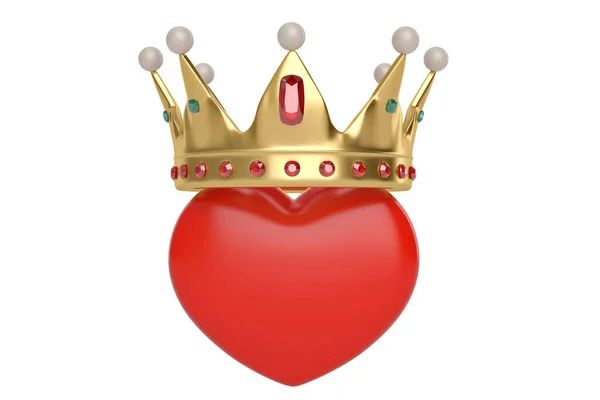 Red heart with golden crown on white background.3D illustration. — Stock Photo, Image