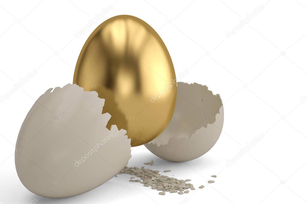 Gold egg with break egg on white background. 3D illustration.
