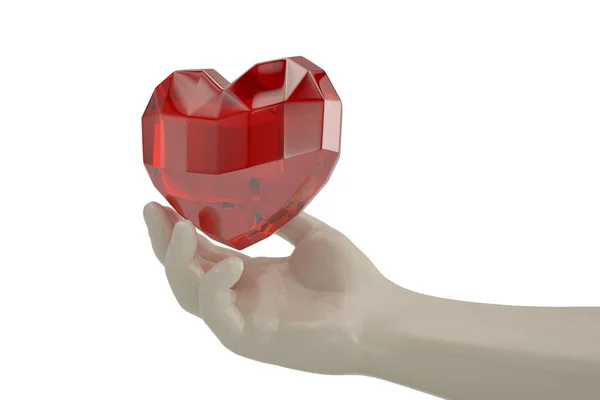Ręka i serca ruby na białym tle. ilustracja 3D. — Zdjęcie stockowe