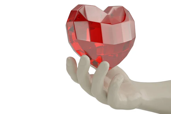 Hand en hart ruby op witte achtergrond. 3D illustratie. — Stockfoto