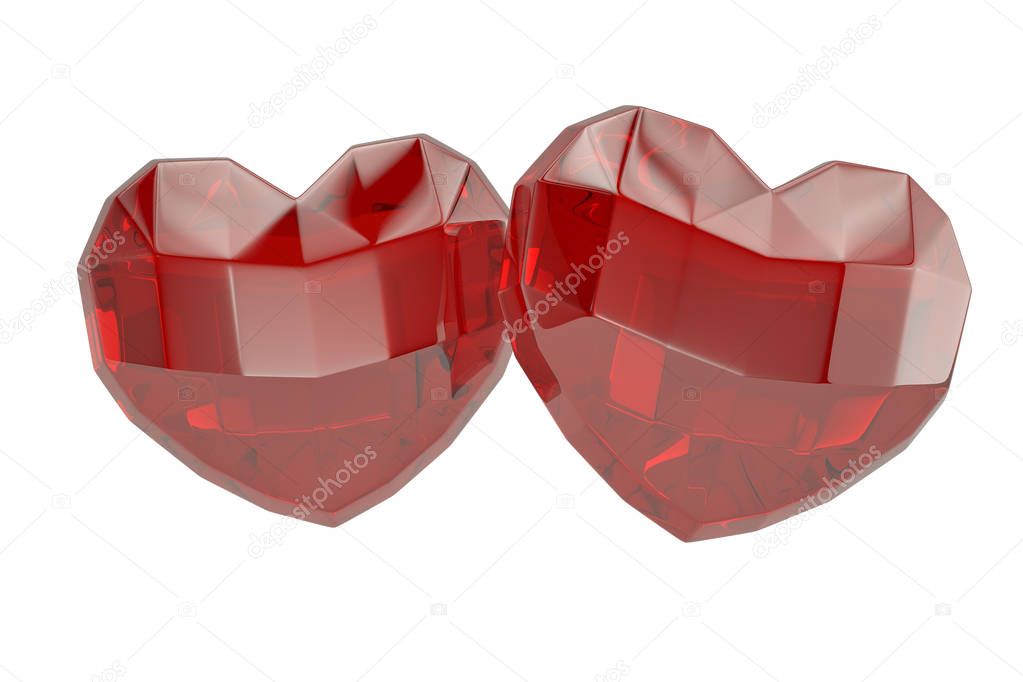 Two heart ruby on white background. 3D illustration.