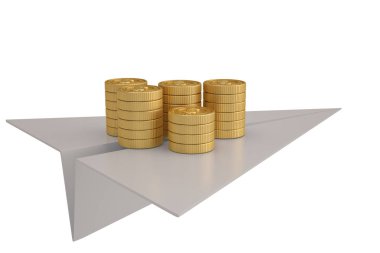 Altın para yığınları ve beyaz background.3d illustra kağıt uçak