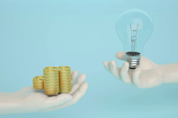 Lâmpada de luz e pilhas de moedas de ouro na mão conceito de ideia criativa — Fotografia de Stock