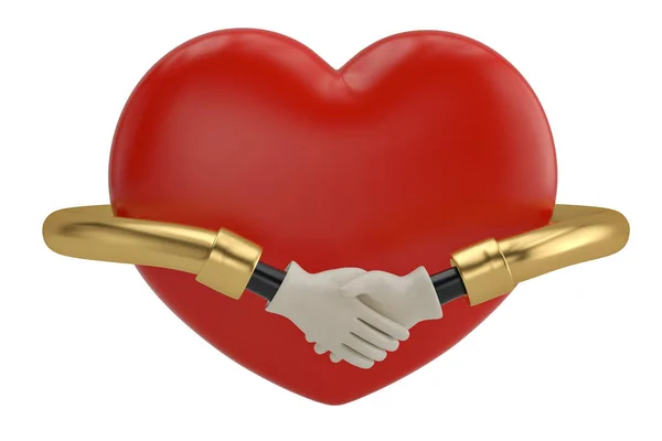 Handshake around red heart on white background. 3D illustration. — Stock Photo, Image