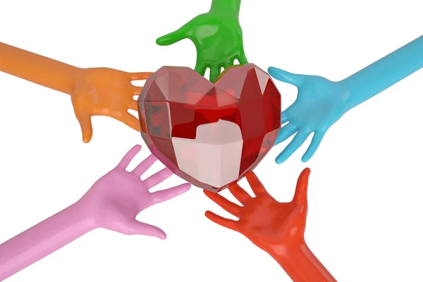 Manos y corazón rubí sobre fondo blanco. Ilustración 3D . — Foto de Stock