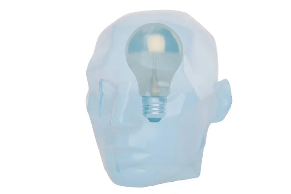Myšlenka žárovku a hlavu socha na bílém pozadí. 3D illus — Stock fotografie