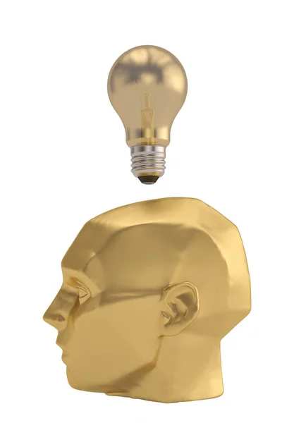 Ideia lâmpada e cabeça escultura sobre fundo branco. illus 3D — Fotografia de Stock