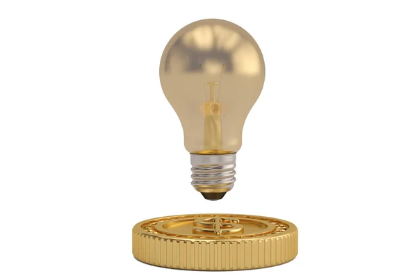 Altın ışık ampul ve beyaz arka plan üzerinde büyük para. 3D illustrat — Stok fotoğraf