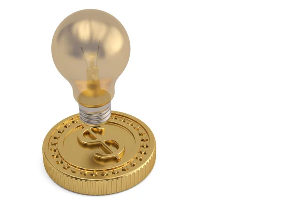 黄金の電球と白い背景の大きなコイン。3 d illustrat — ストック写真