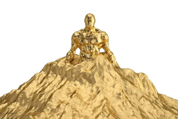 Gouden Berg en lage poly man.3d afbeelding. — Stockfoto