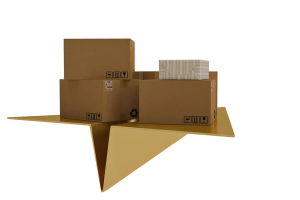Kartons und Papierflieger auf weißem Hintergrund. 3D-Illustration. — Stockfoto