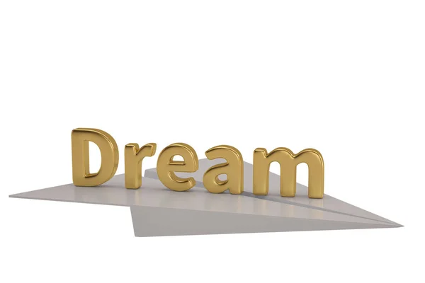 Or rêve et avion en papier sur fond blanc. Illustration 3D . — Photo